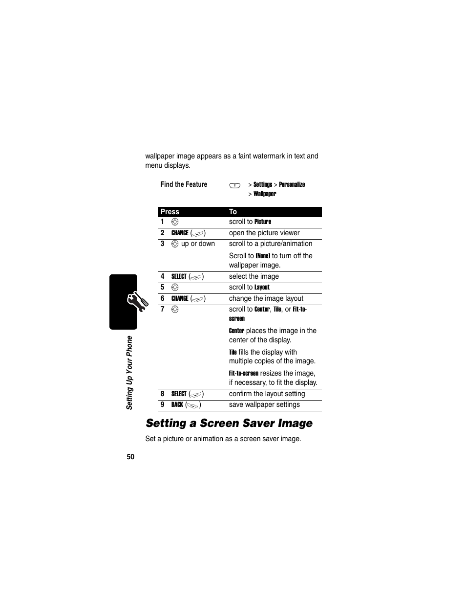 Setting a screen saver image | Motorola C380 User Manual | Page 50 / 97