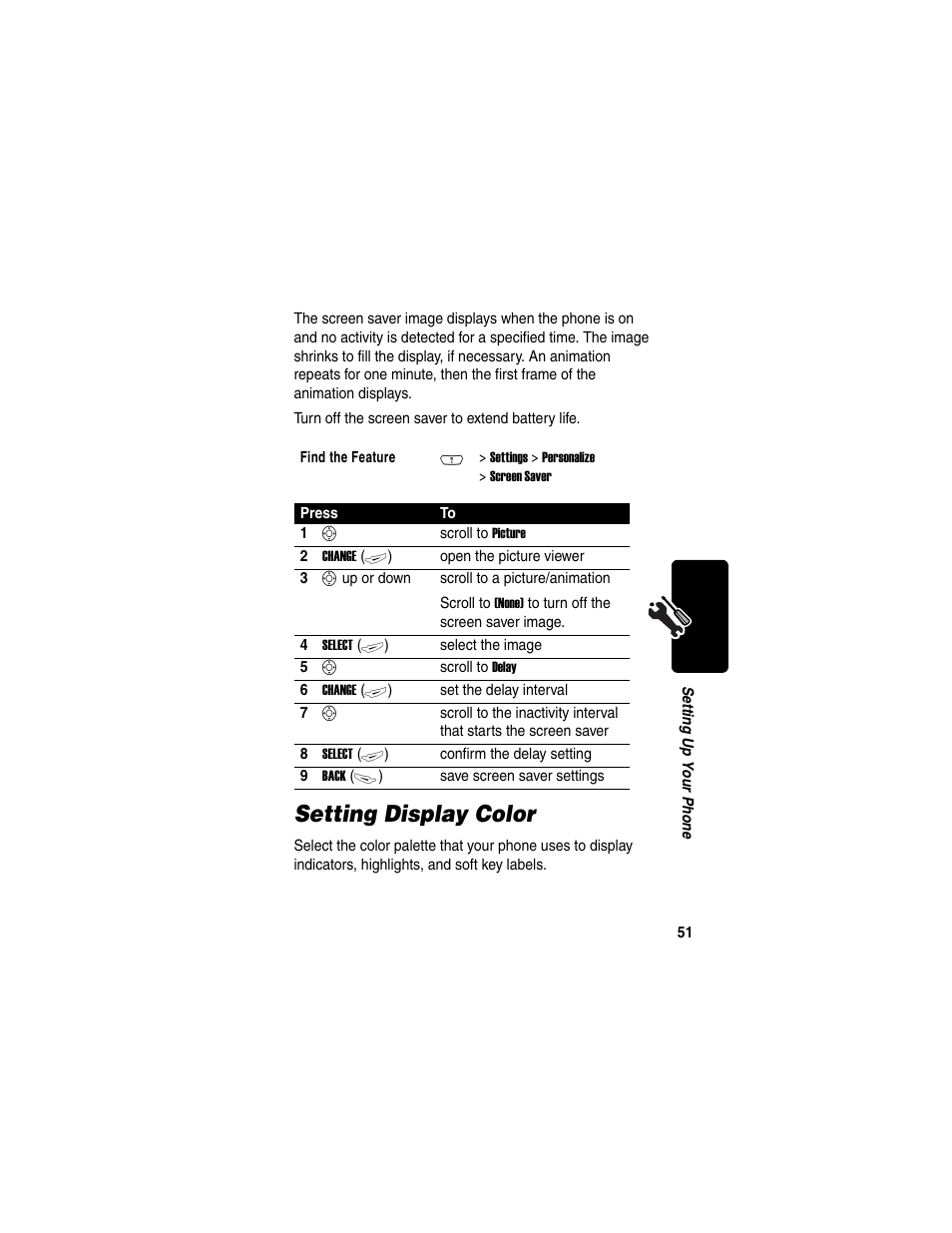 Setting display color | Motorola C380 User Manual | Page 51 / 97