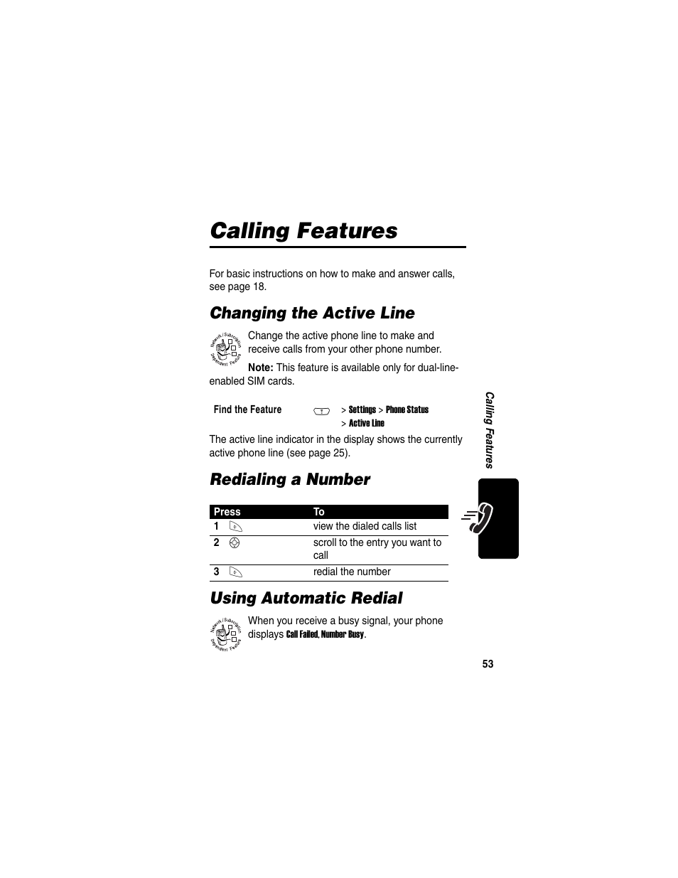 Calling features, Changing the active line, Redialing a number using automatic redial | Motorola C380 User Manual | Page 53 / 97