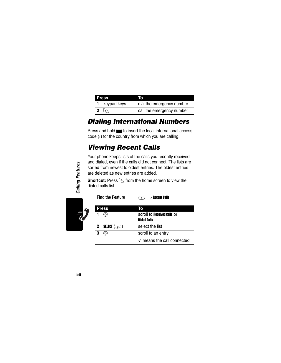 Dialing international numbers, Viewing recent calls | Motorola C380 User Manual | Page 56 / 97