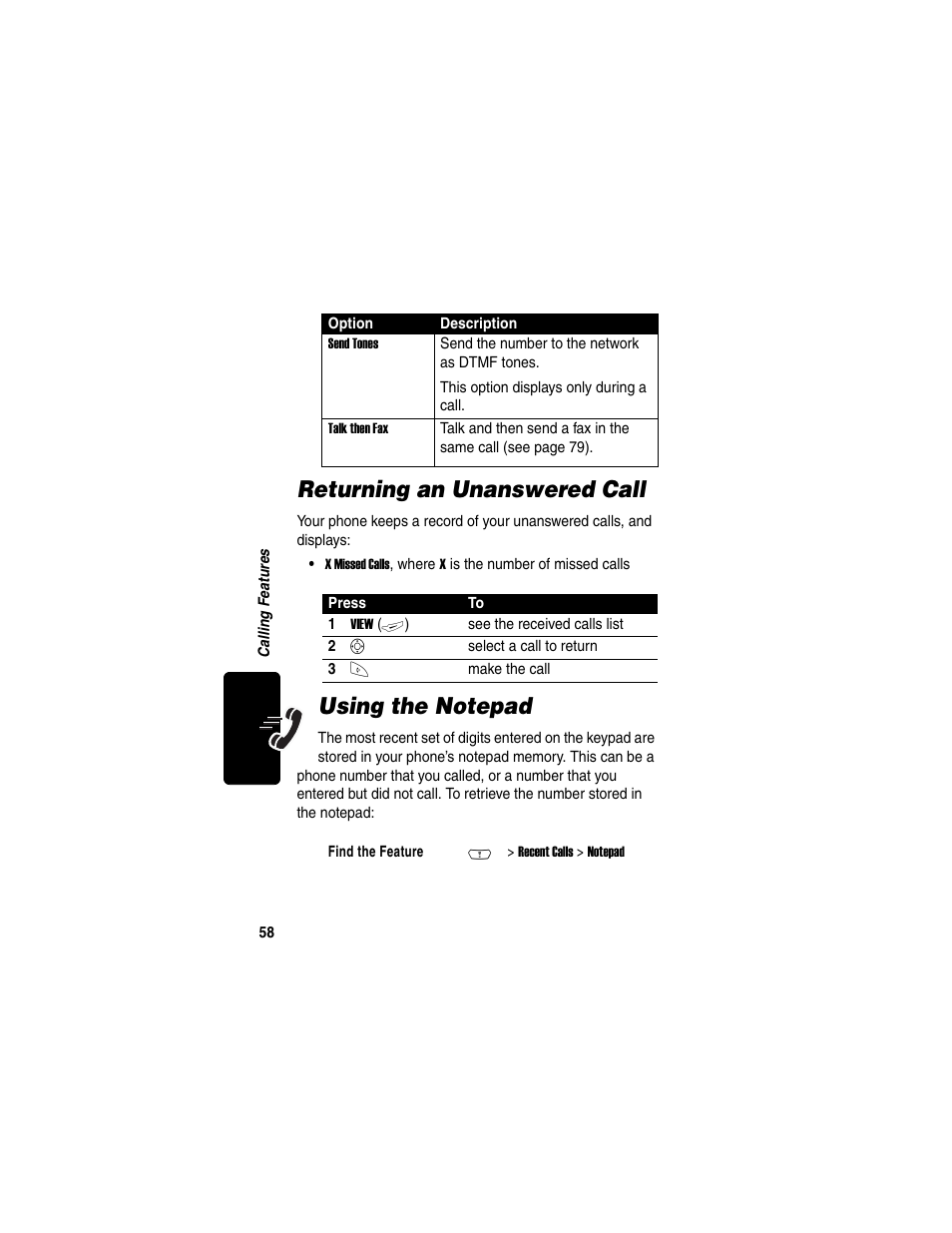 Returning an unanswered call | Motorola C380 User Manual | Page 58 / 97