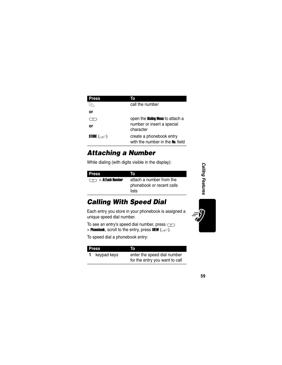 Attaching a number, Calling with speed dial | Motorola C380 User Manual | Page 59 / 97