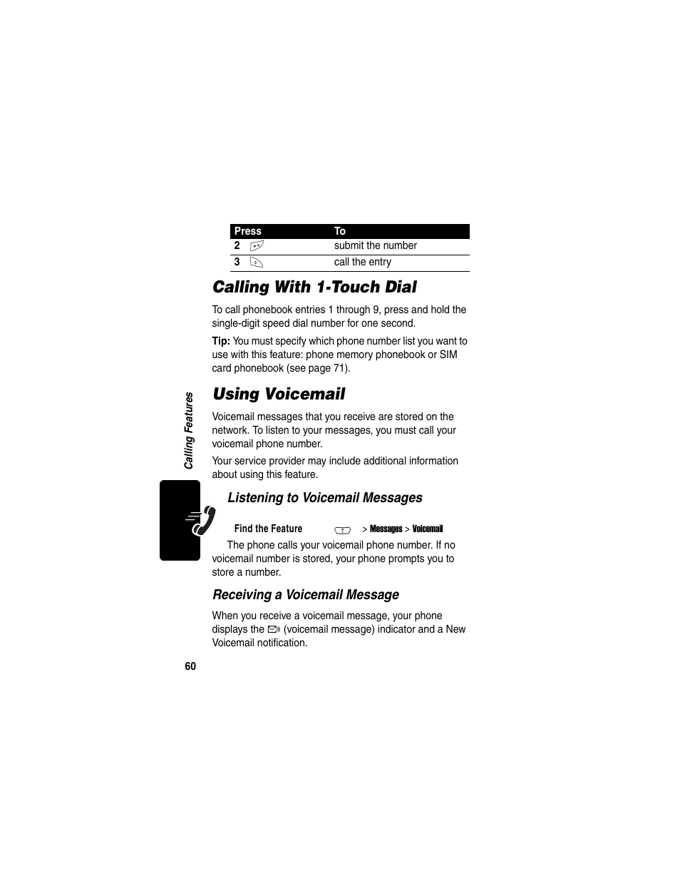 Calling with 1-touch dial, Using voicemail | Motorola C380 User Manual | Page 60 / 97
