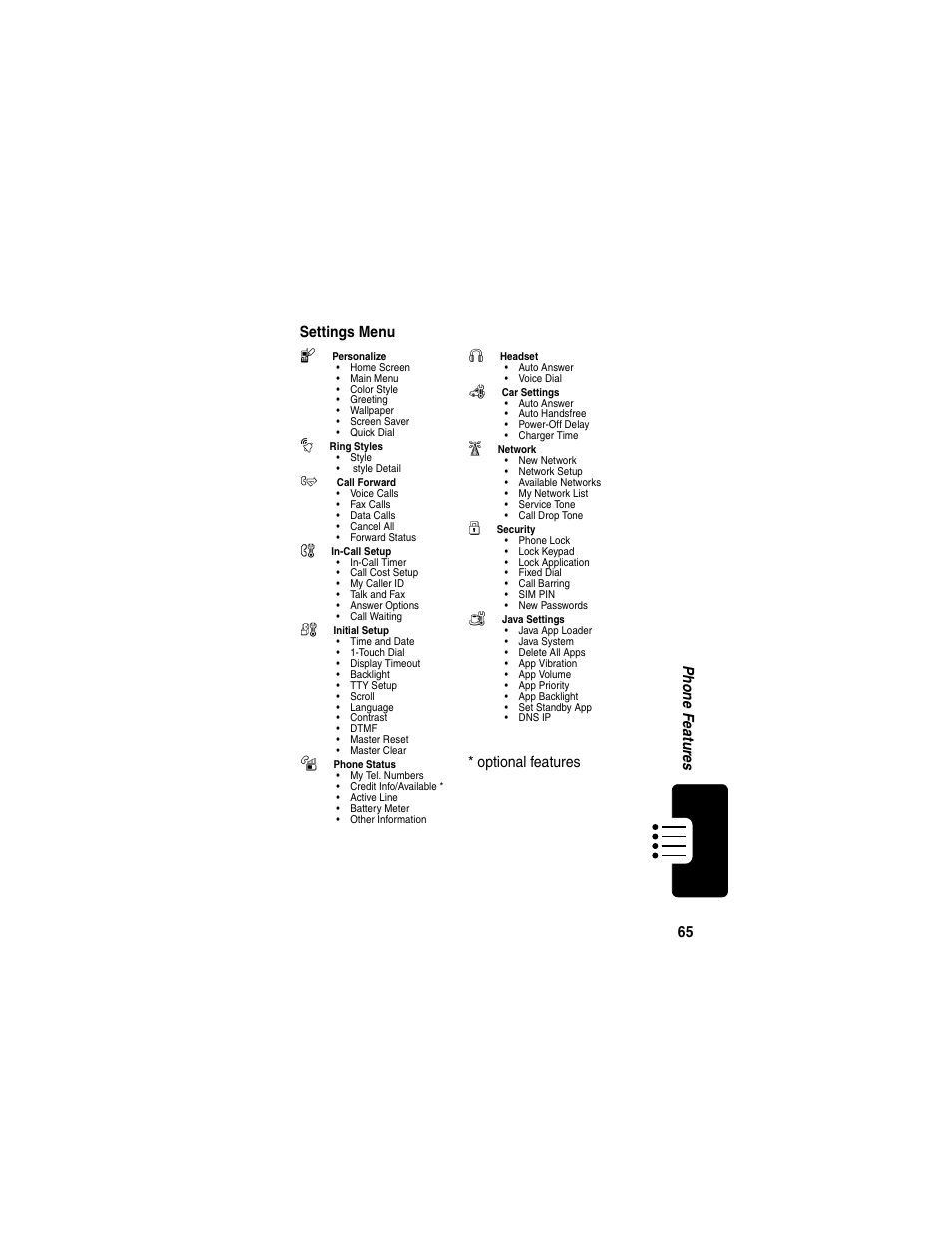 65 ph on e fe ature s, Settings menu l, Optional features | Motorola C380 User Manual | Page 65 / 97