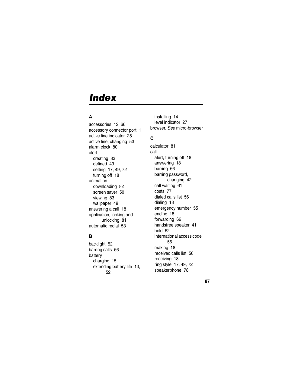 Index | Motorola C380 User Manual | Page 87 / 97