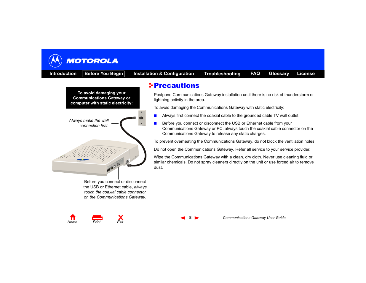 Precautions | Motorola Communications Gateway User Manual | Page 13 / 82