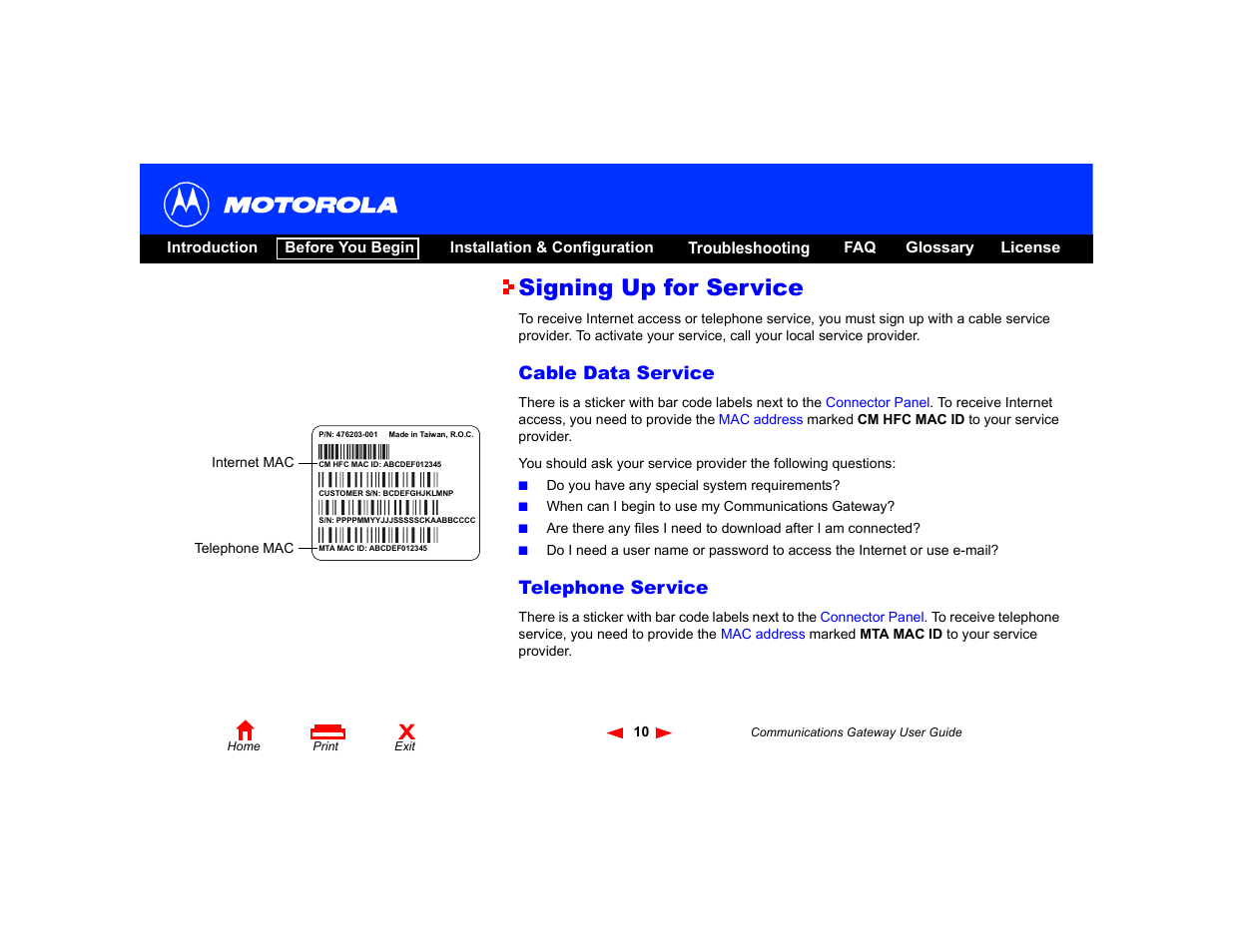 Signing up for service, Cable data service telephone service, Cable data service | Telephone service | Motorola Communications Gateway User Manual | Page 15 / 82