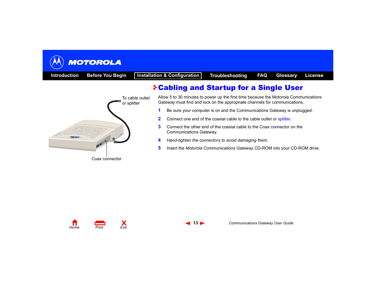 Cabling and startup for a single user | Motorola Communications Gateway User Manual | Page 18 / 82
