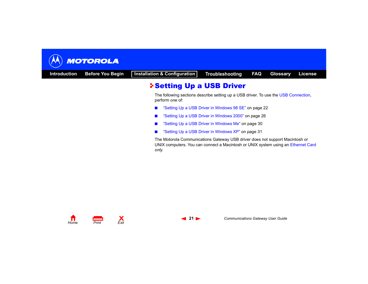 Setting up a usb driver | Motorola Communications Gateway User Manual | Page 26 / 82