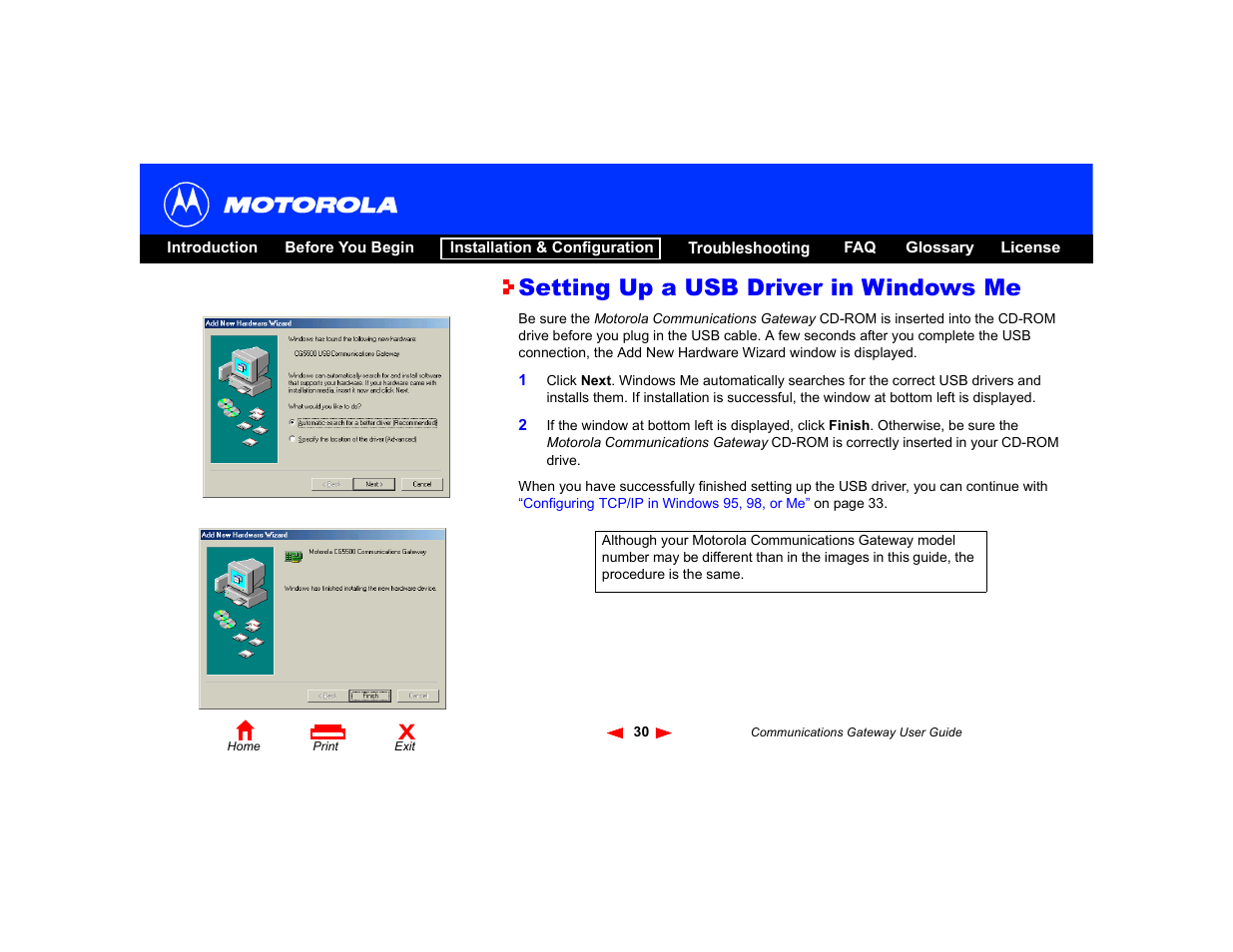 Setting up a usb driver in windows me | Motorola Communications Gateway User Manual | Page 35 / 82