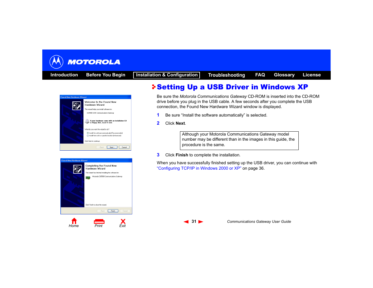 Setting up a usb driver in windows xp | Motorola Communications Gateway User Manual | Page 36 / 82