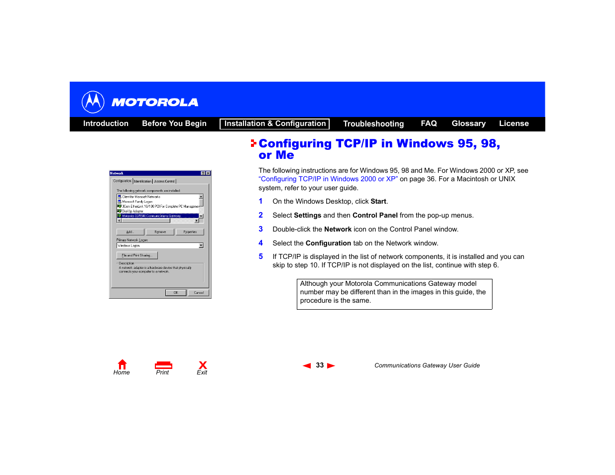 Configuring tcp/ip in windows 95, 98, or me | Motorola Communications Gateway User Manual | Page 38 / 82