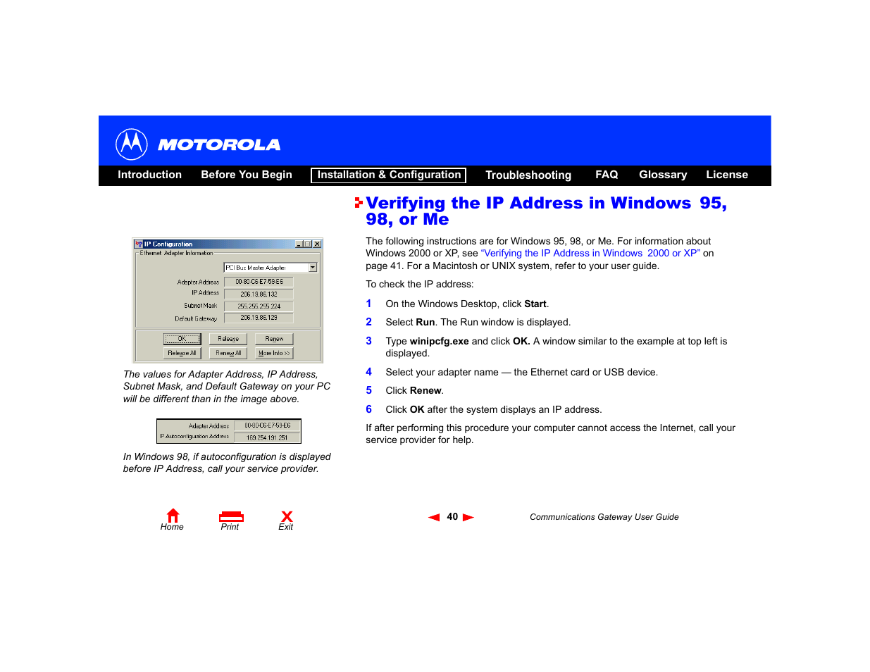 Verifying the ip address in windows 95, 98, or me | Motorola Communications Gateway User Manual | Page 45 / 82
