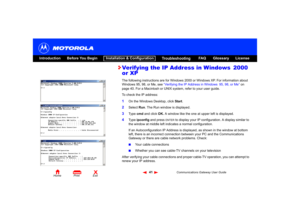 Verifying the ip address in windows 2000 or xp | Motorola Communications Gateway User Manual | Page 46 / 82