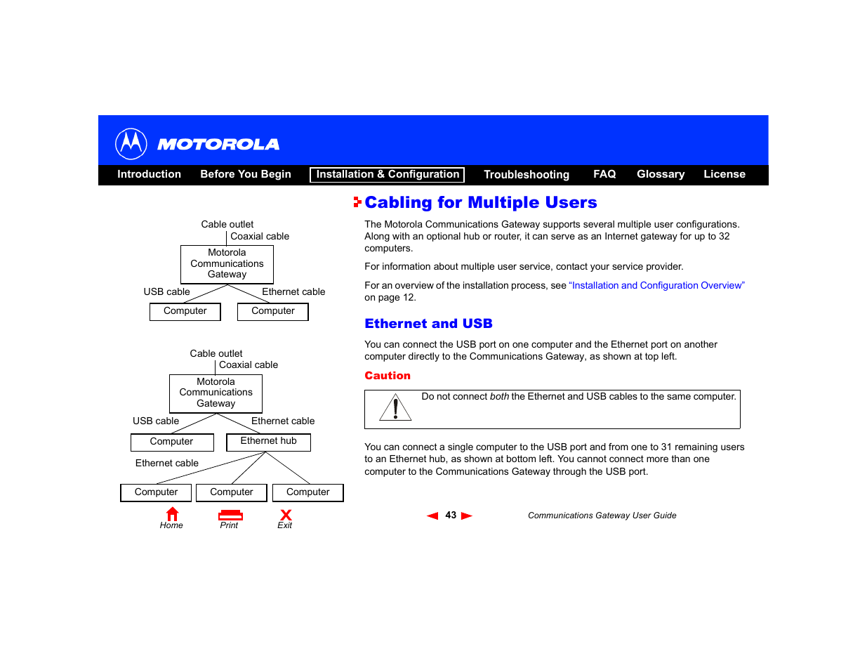 Cabling for multiple users, Ethernet and usb | Motorola Communications Gateway User Manual | Page 48 / 82