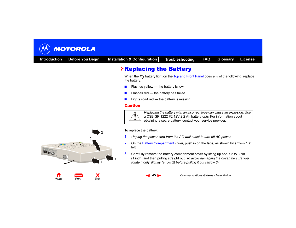 Replacing the battery | Motorola Communications Gateway User Manual | Page 50 / 82