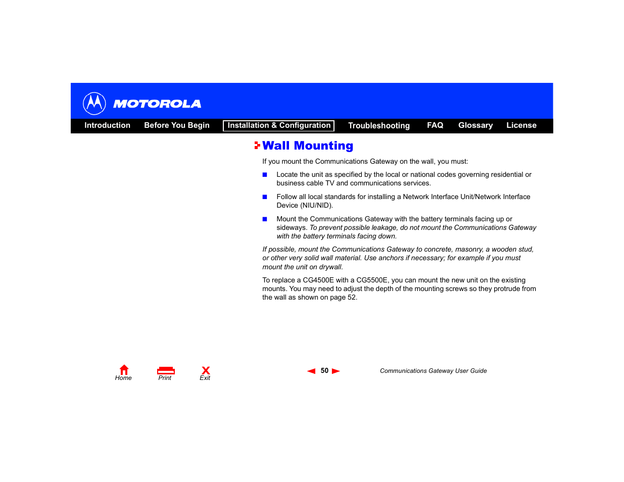 Wall mounting, Wall, Mounting | Motorola Communications Gateway User Manual | Page 55 / 82