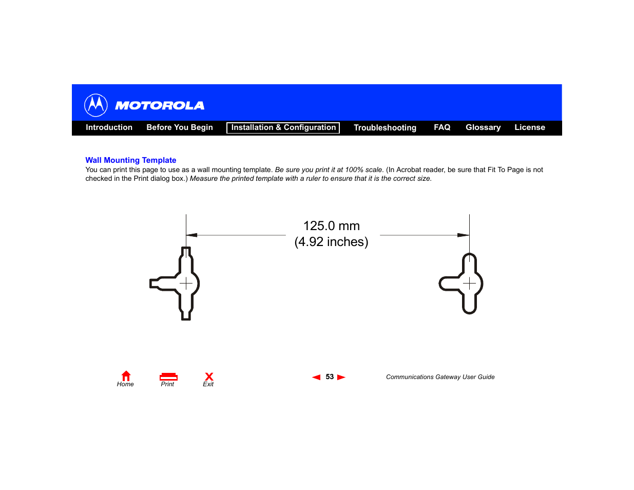 Wall mounting template, 0 mm (4.92 inches) | Motorola Communications Gateway User Manual | Page 58 / 82