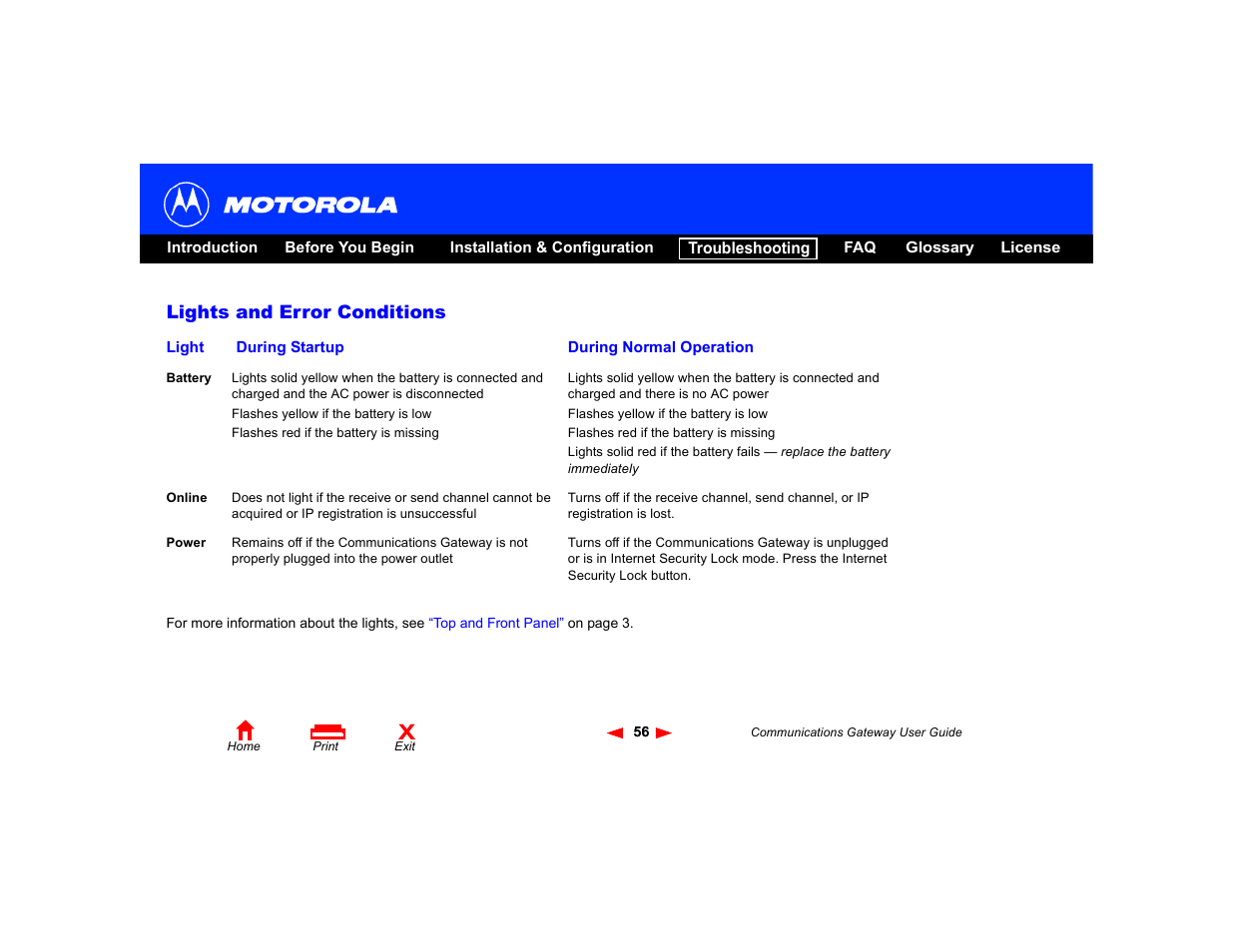 Lights and error conditions | Motorola Communications Gateway User Manual | Page 61 / 82