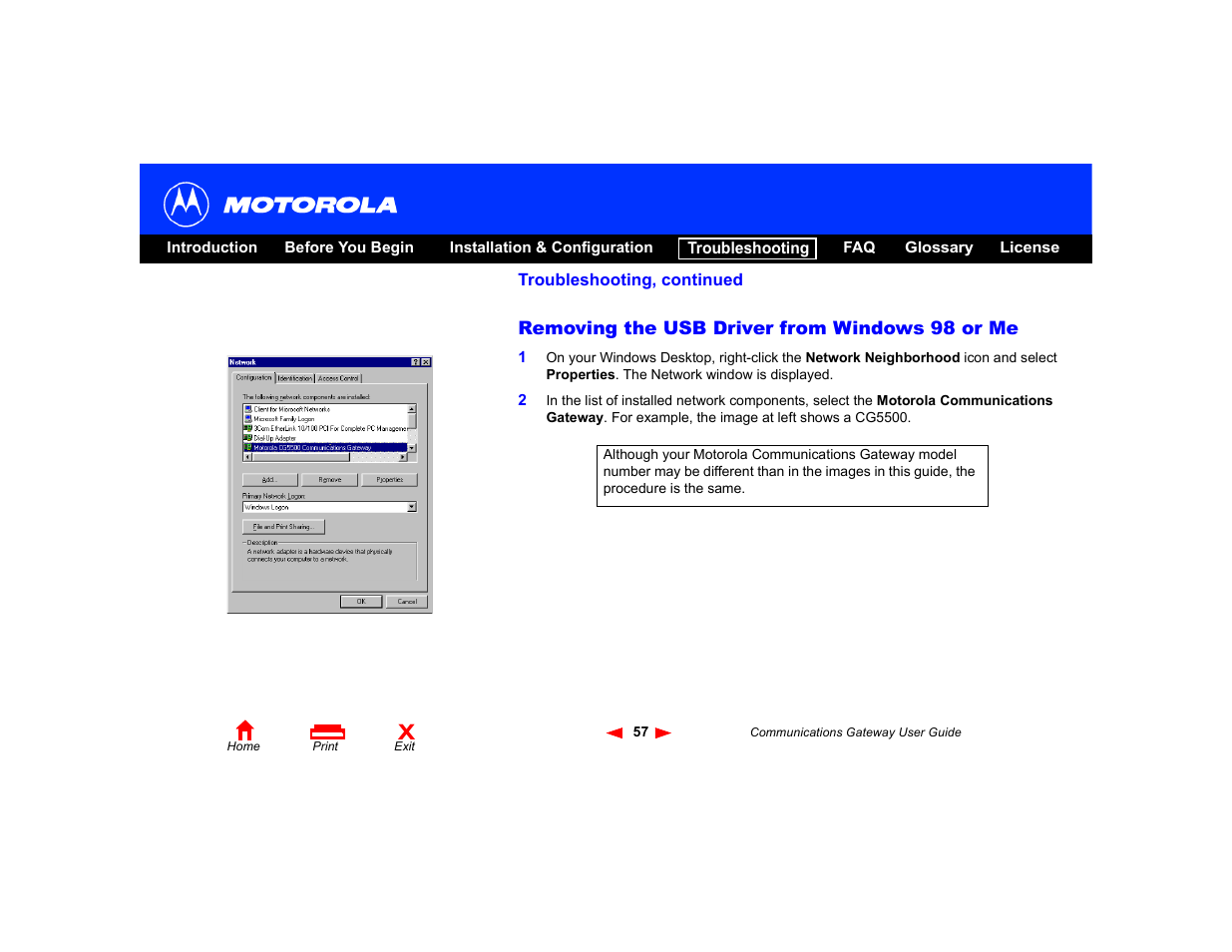 Removing the usb driver from windows 98 or me, Removing the, Usb driver from windows 98 or me | Motorola Communications Gateway User Manual | Page 62 / 82