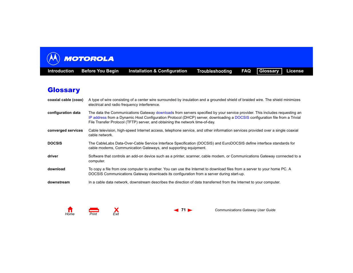 Glossary, Converged services, Coaxial cable (coax) | Downstream, Driver, Docsis | Motorola Communications Gateway User Manual | Page 76 / 82