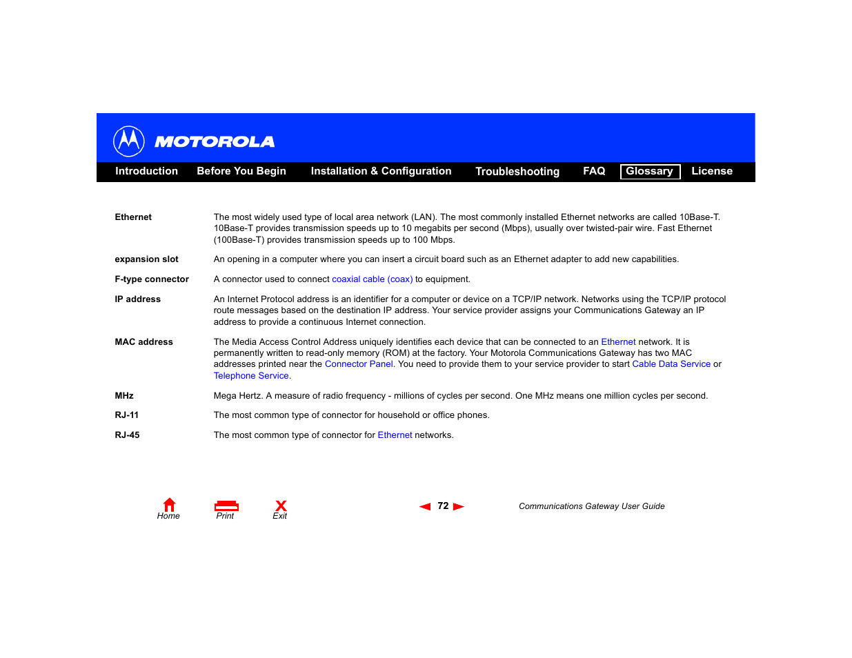 Ethernet, Rj-11, Rj-45 | Mac address, Ip address | Motorola Communications Gateway User Manual | Page 77 / 82