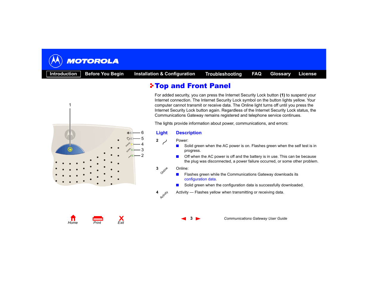 Top and front panel | Motorola Communications Gateway User Manual | Page 8 / 82