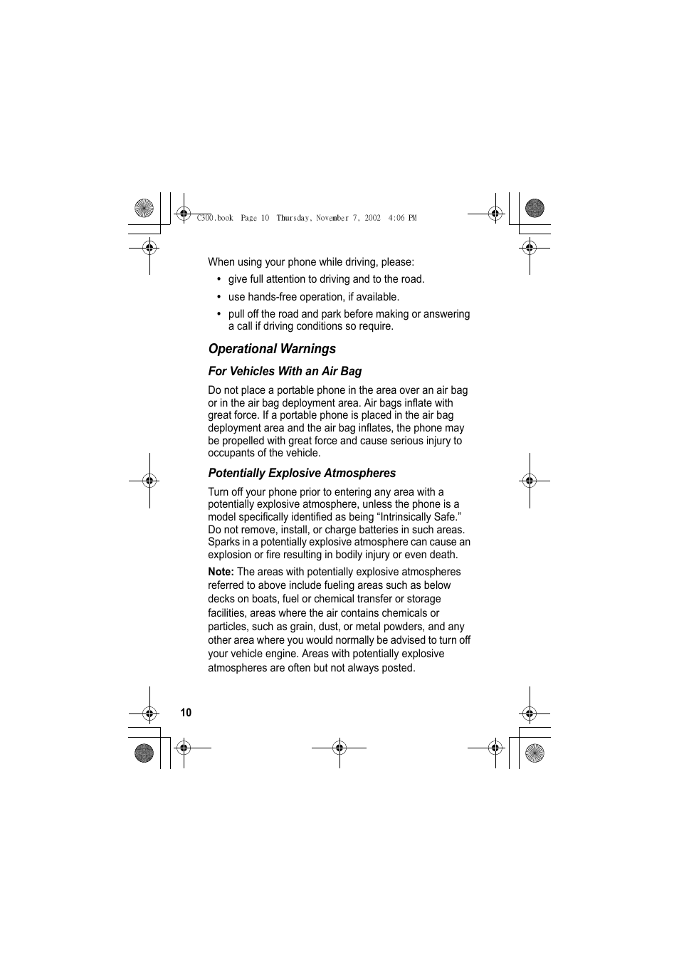 Operational warnings | Motorola C300 User Manual | Page 10 / 140