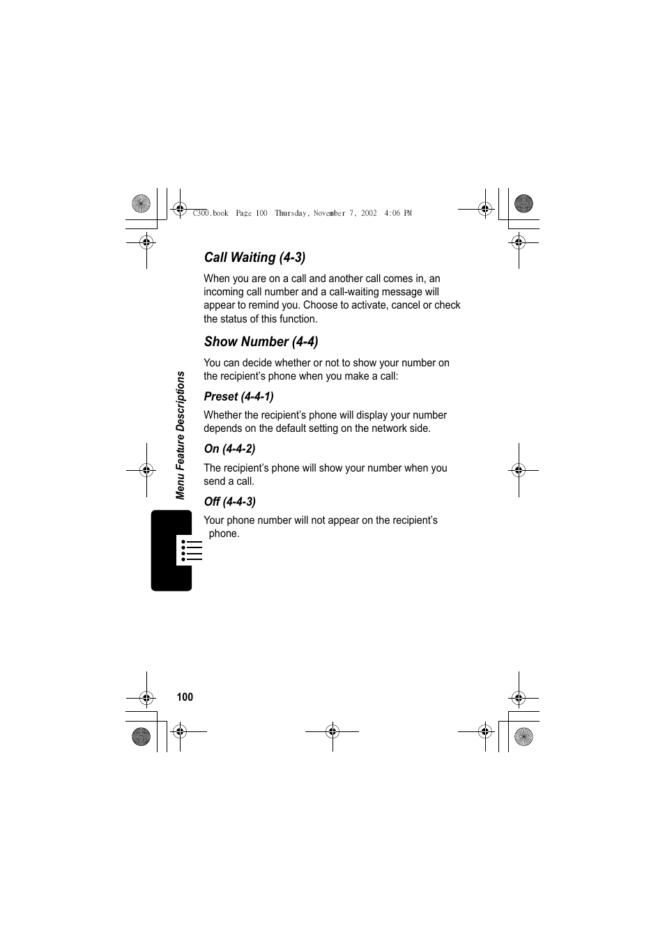 Call waiting (4-3), Show number (4-4) | Motorola C300 User Manual | Page 100 / 140