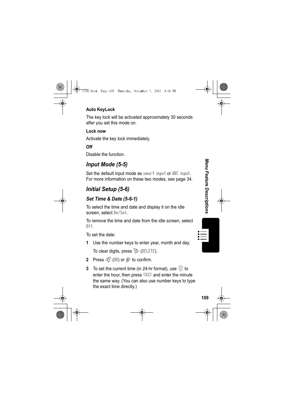 Input mode (5-5), Initial setup (5-6) | Motorola C300 User Manual | Page 109 / 140