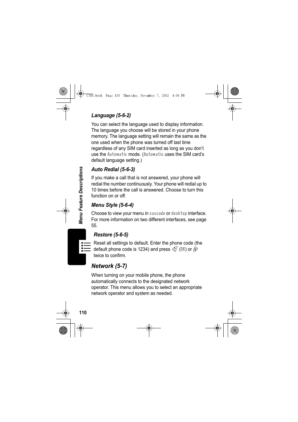 Network (5-7) | Motorola C300 User Manual | Page 110 / 140