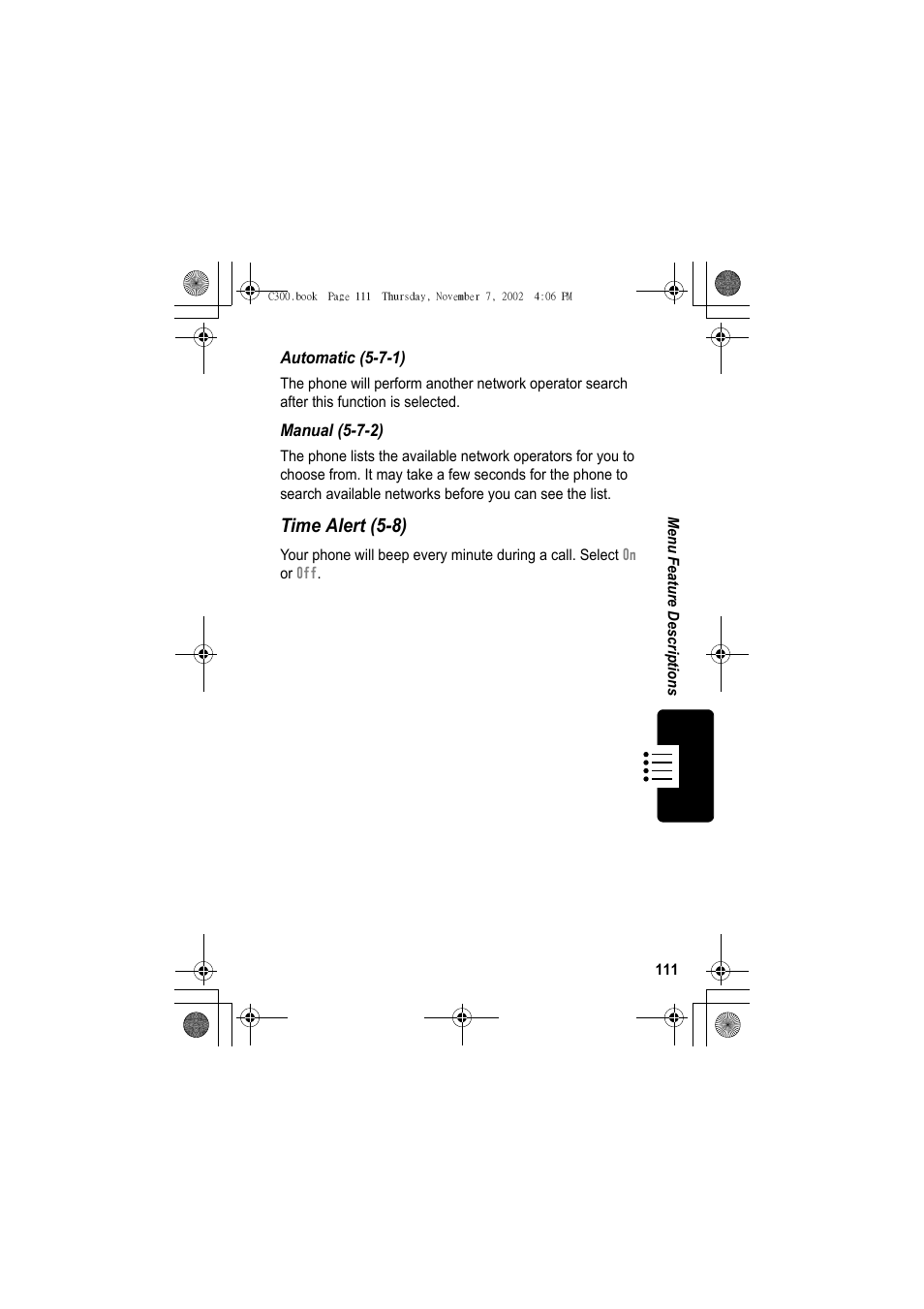 Time alert (5-8) | Motorola C300 User Manual | Page 111 / 140