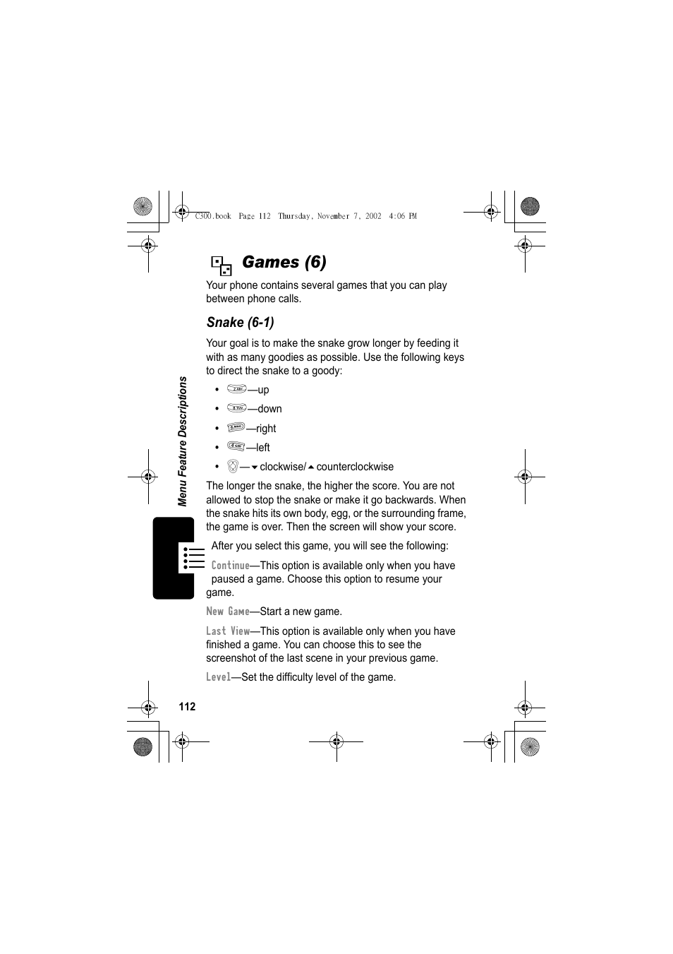 Games (6), Snake (6-1) | Motorola C300 User Manual | Page 112 / 140