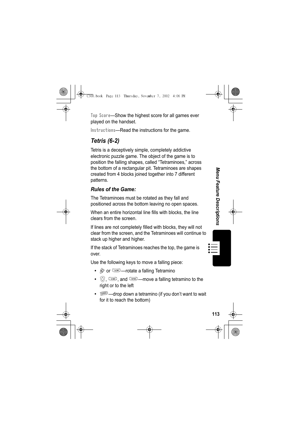 Tetris (6-2) | Motorola C300 User Manual | Page 113 / 140