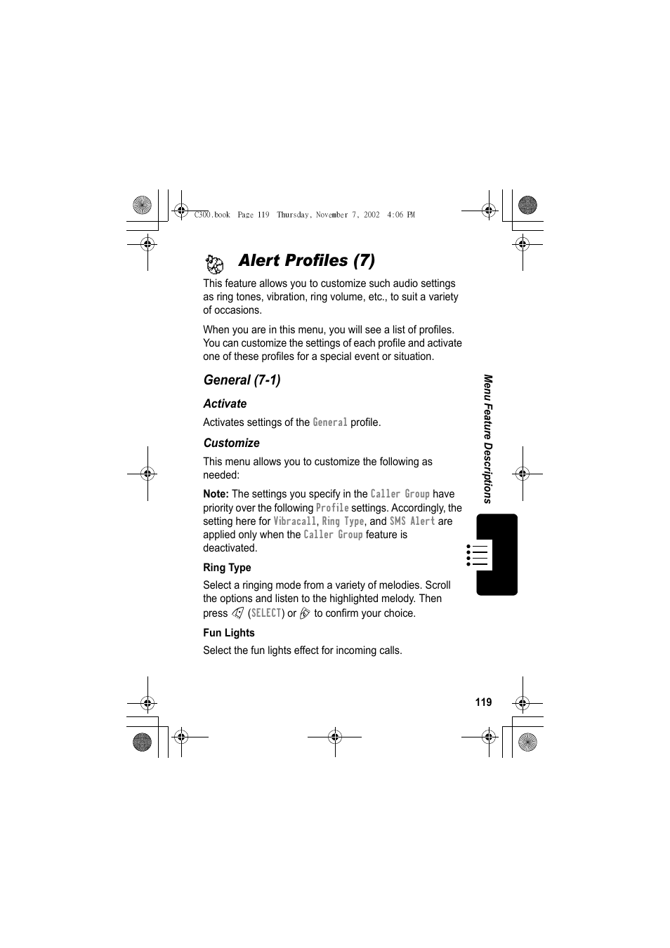 Alert profiles (7), General (7-1) | Motorola C300 User Manual | Page 119 / 140