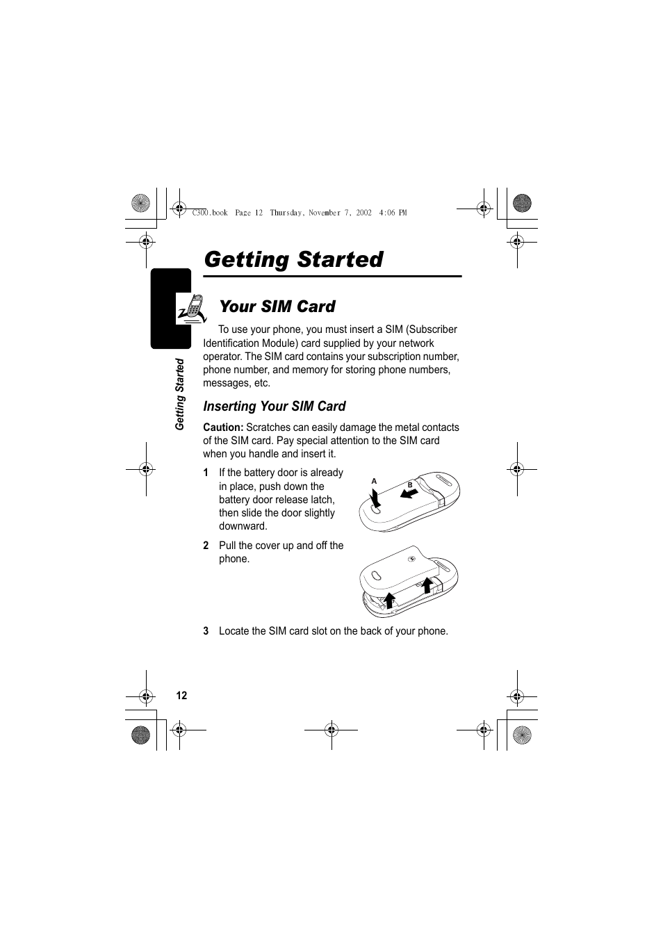 Getting started, Your sim card | Motorola C300 User Manual | Page 12 / 140