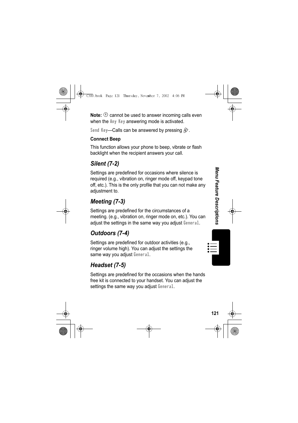 Silent (7-2), Meeting (7-3), Outdoors (7-4) | Headset (7-5) | Motorola C300 User Manual | Page 121 / 140