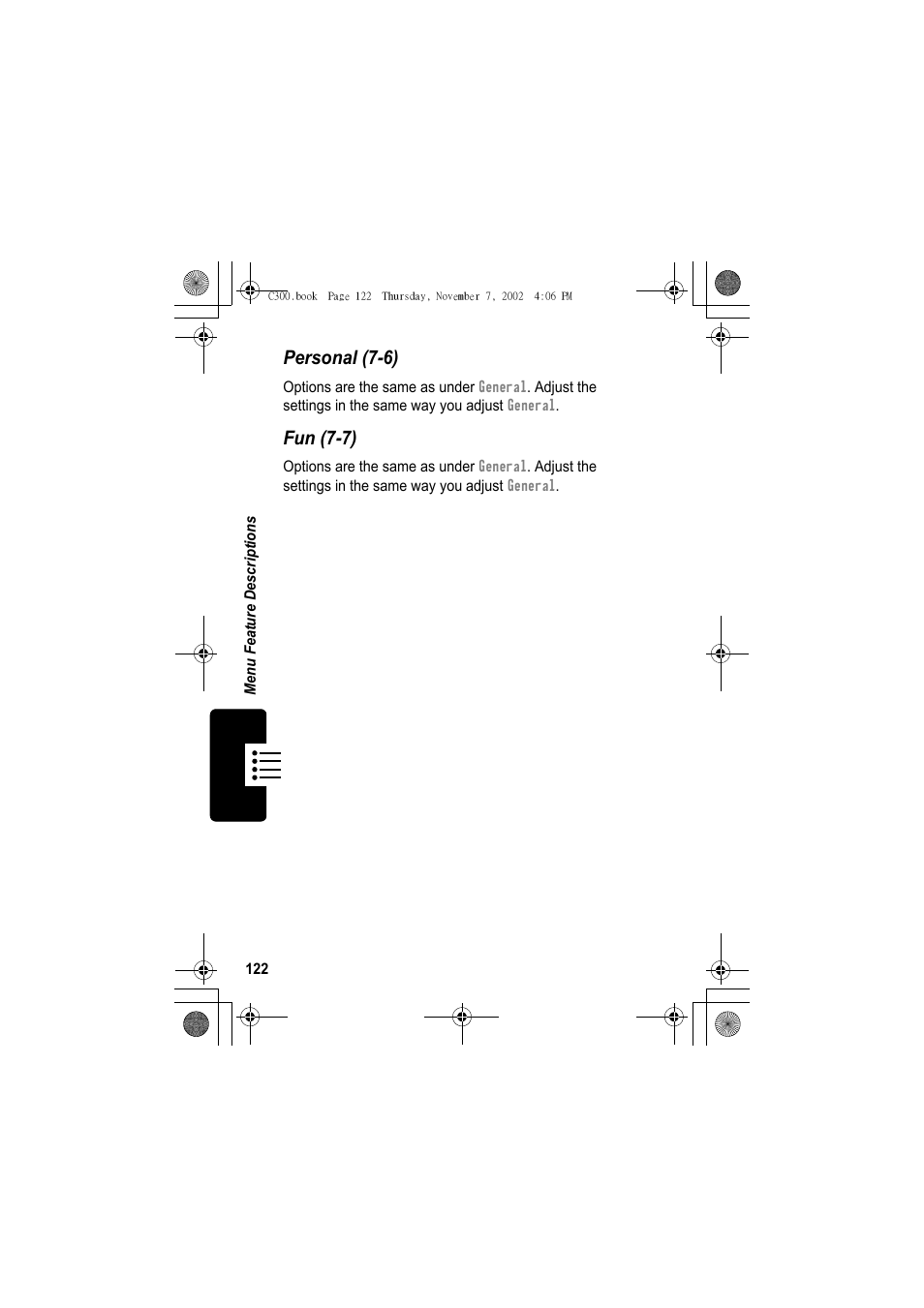 Personal (7-6), Fun (7-7) | Motorola C300 User Manual | Page 122 / 140