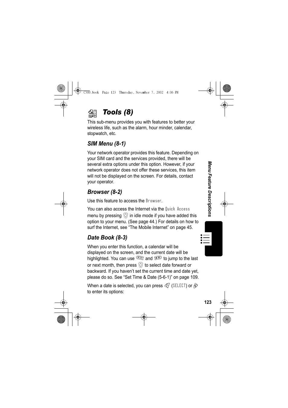 Tools (8), Sim menu (8-1), Browser (8-2) | Date book (8-3) | Motorola C300 User Manual | Page 123 / 140