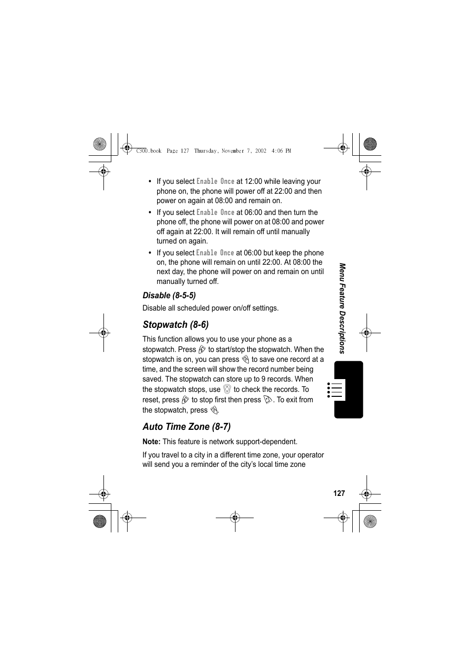 Stopwatch (8-6), Auto time zone (8-7) | Motorola C300 User Manual | Page 127 / 140