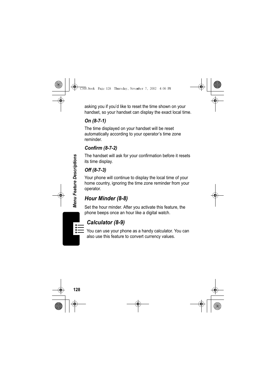 Hour minder (8-8), Calculator (8-9) | Motorola C300 User Manual | Page 128 / 140