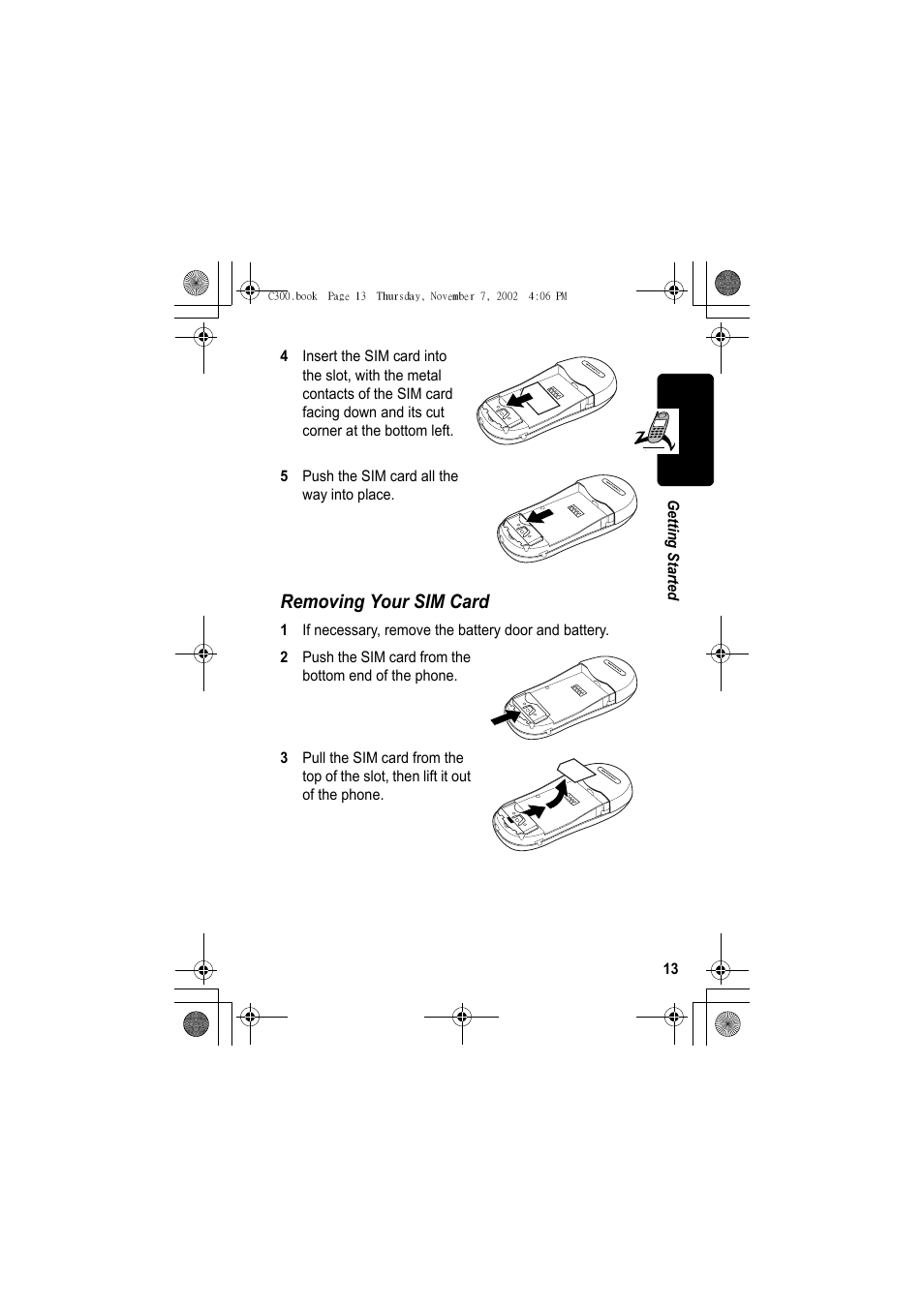 Removing your sim card | Motorola C300 User Manual | Page 13 / 140