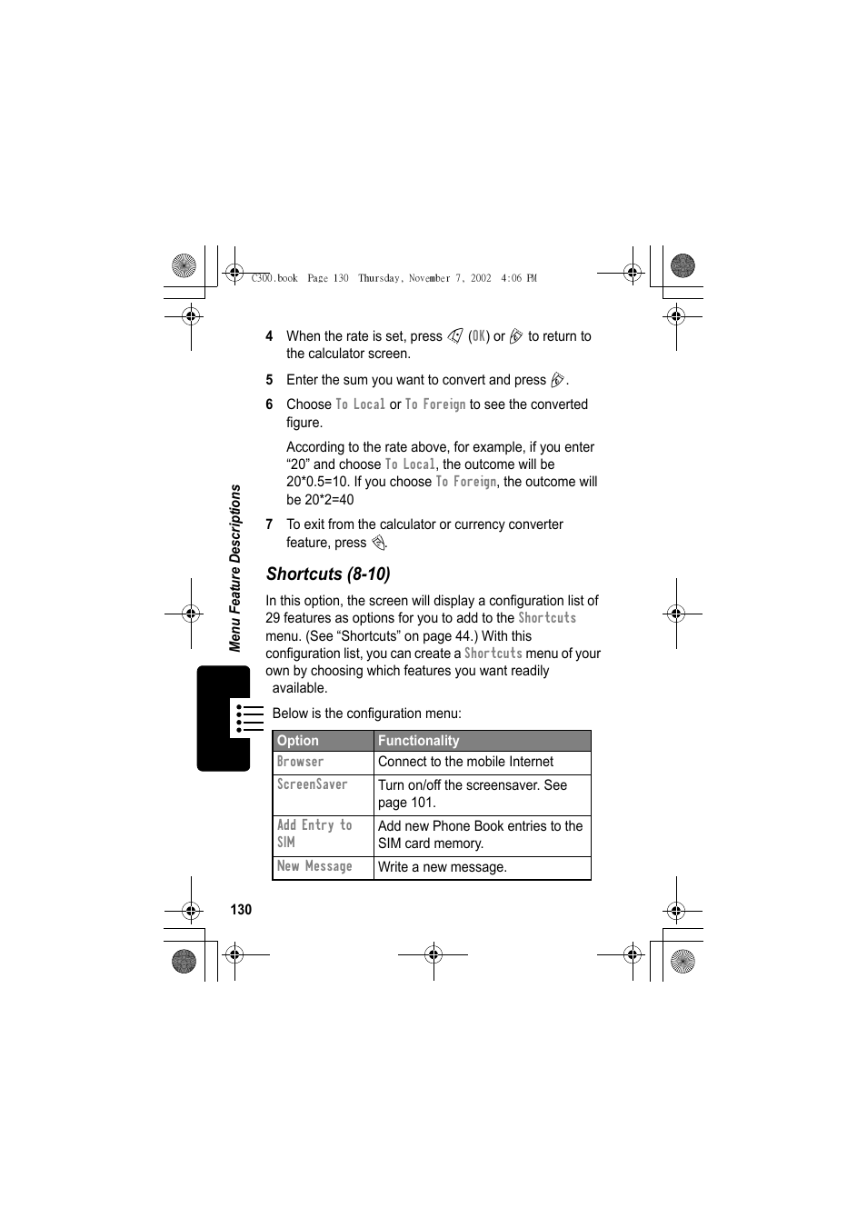 Shortcuts (8-10) | Motorola C300 User Manual | Page 130 / 140