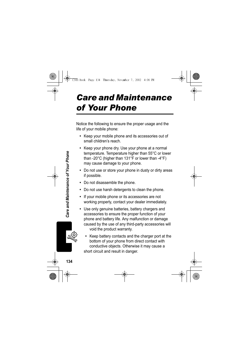 Care and maintenance of your phone | Motorola C300 User Manual | Page 134 / 140