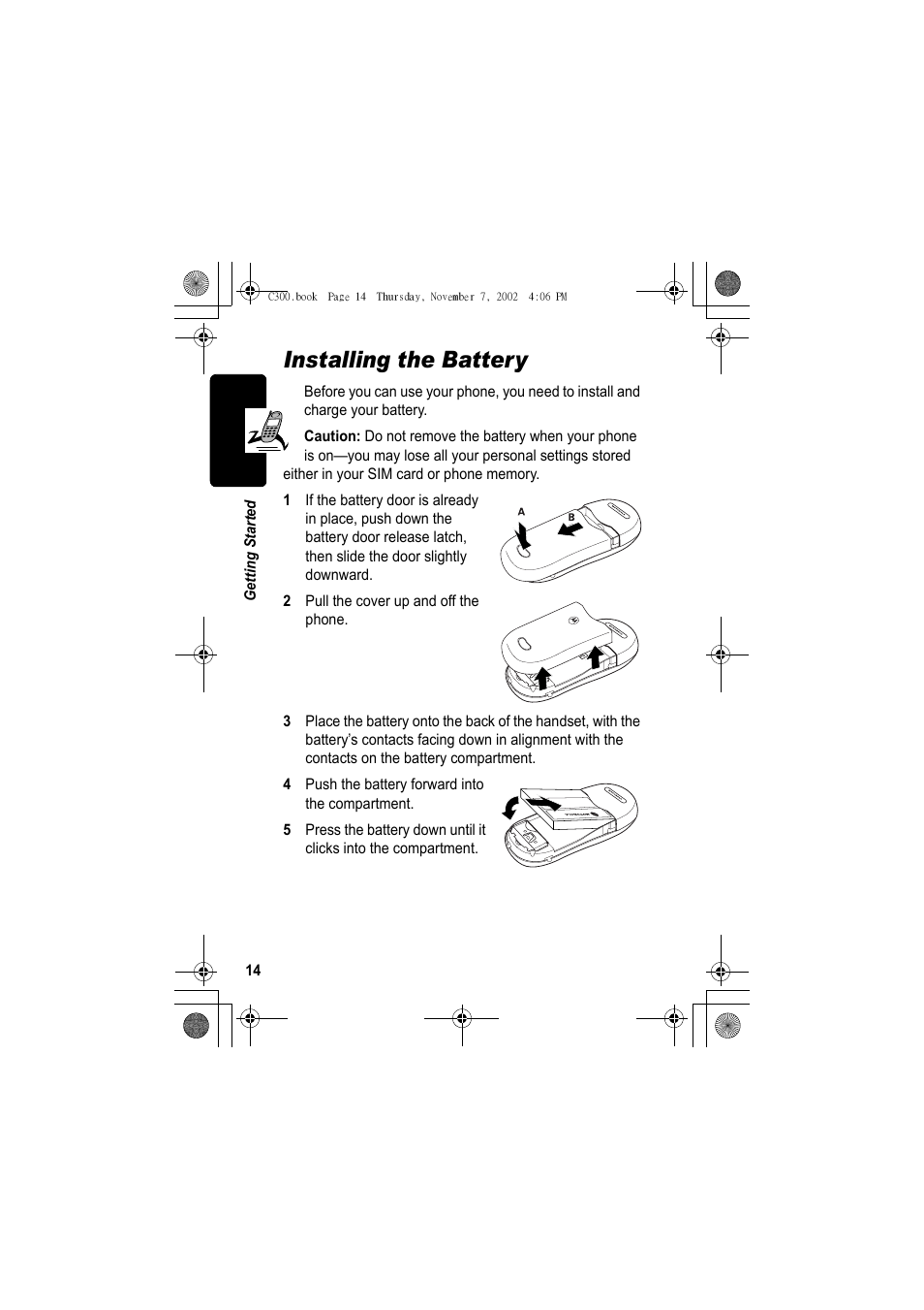 Installing the battery | Motorola C300 User Manual | Page 14 / 140