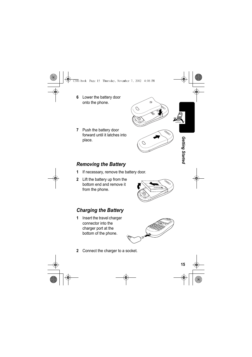 Removing the battery, Charging the battery | Motorola C300 User Manual | Page 15 / 140