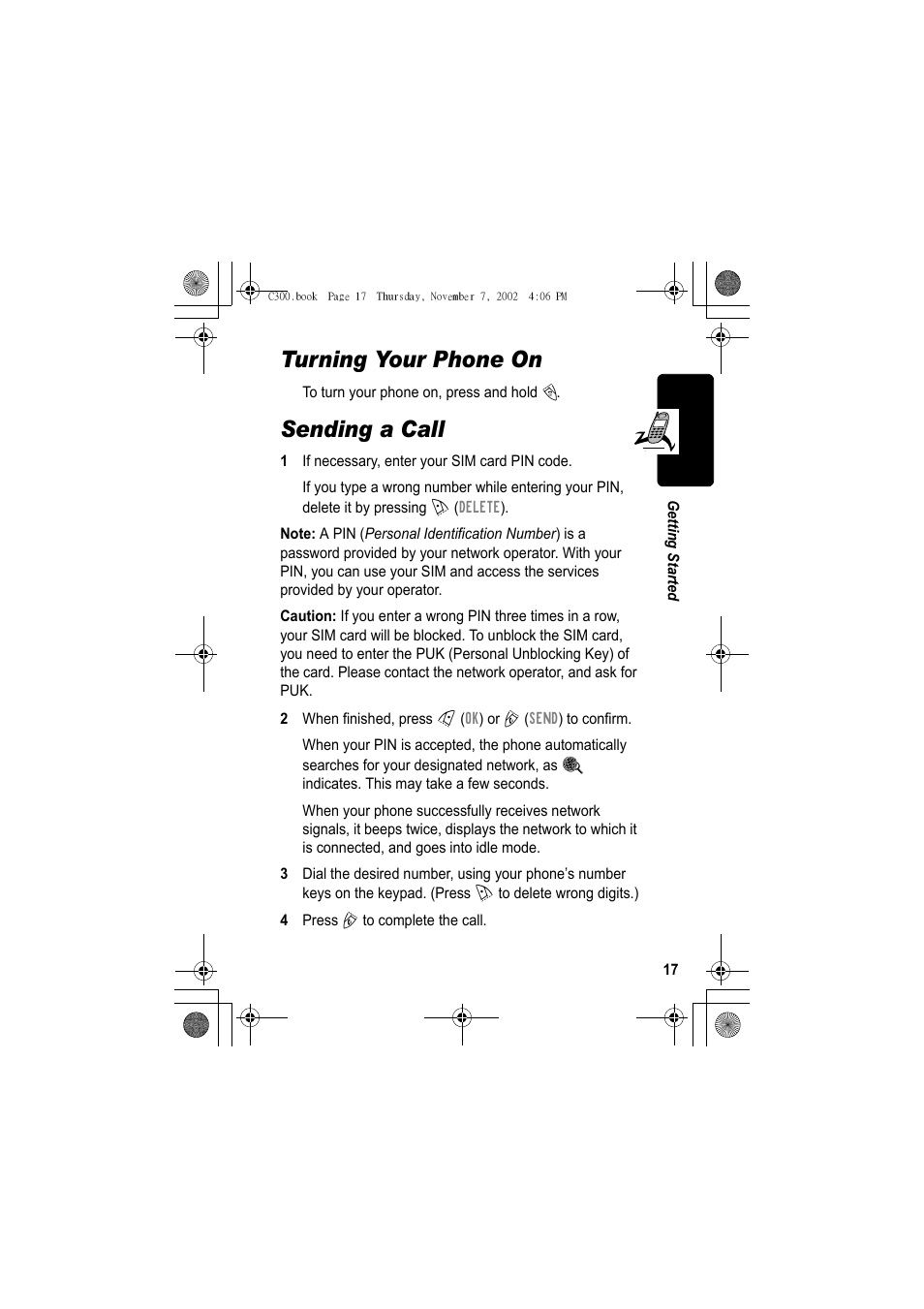 Turning your phone on, Sending a call | Motorola C300 User Manual | Page 17 / 140