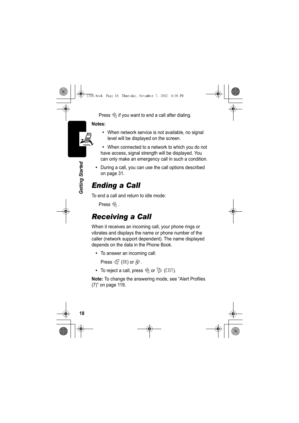 Ending a call, Receiving a call | Motorola C300 User Manual | Page 18 / 140