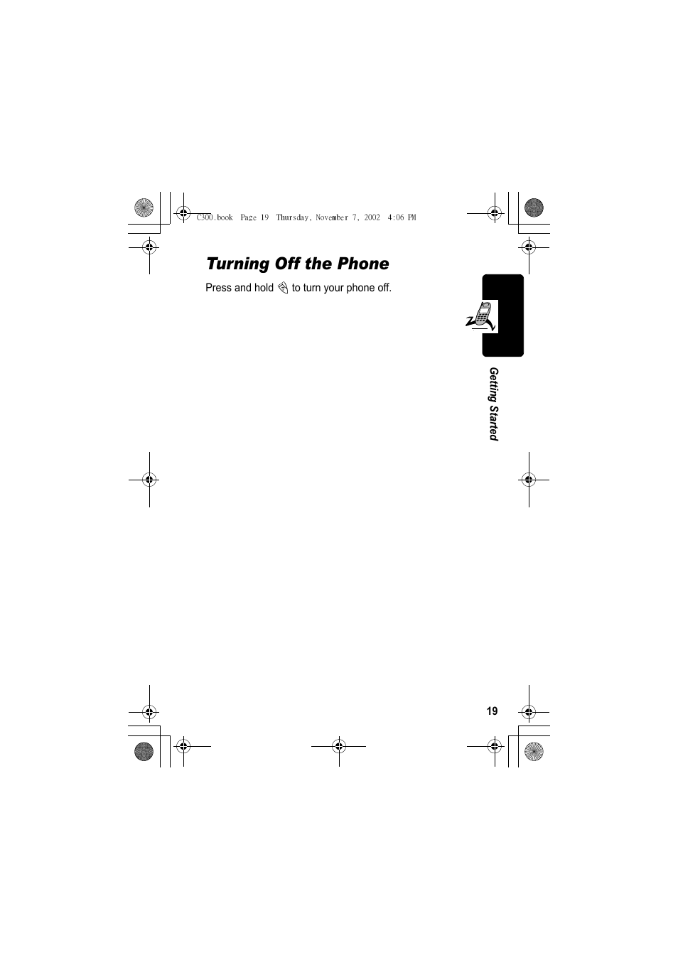 Turning off the phone | Motorola C300 User Manual | Page 19 / 140