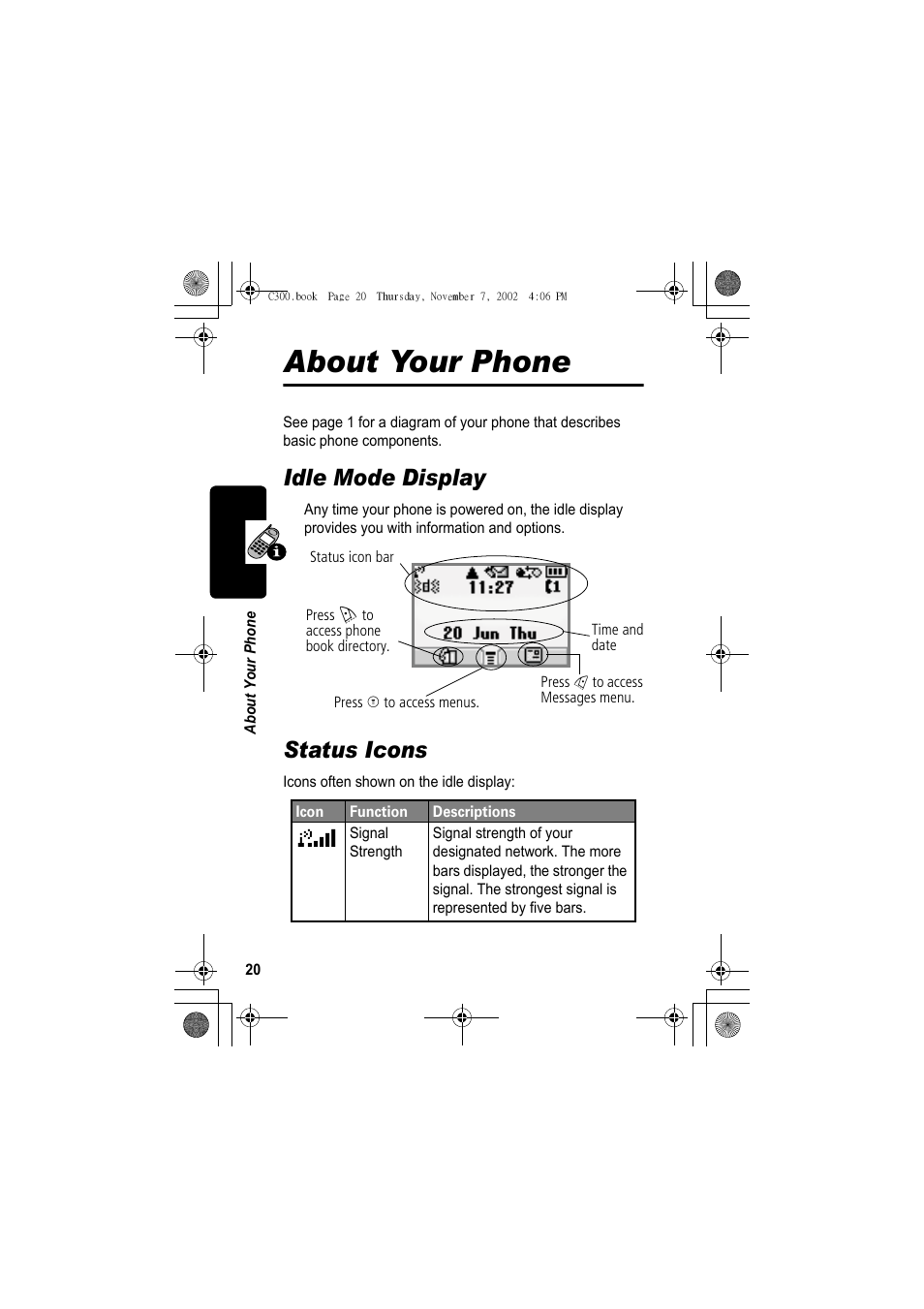 About your phone, Idle mode display, Status icons | Motorola C300 User Manual | Page 20 / 140